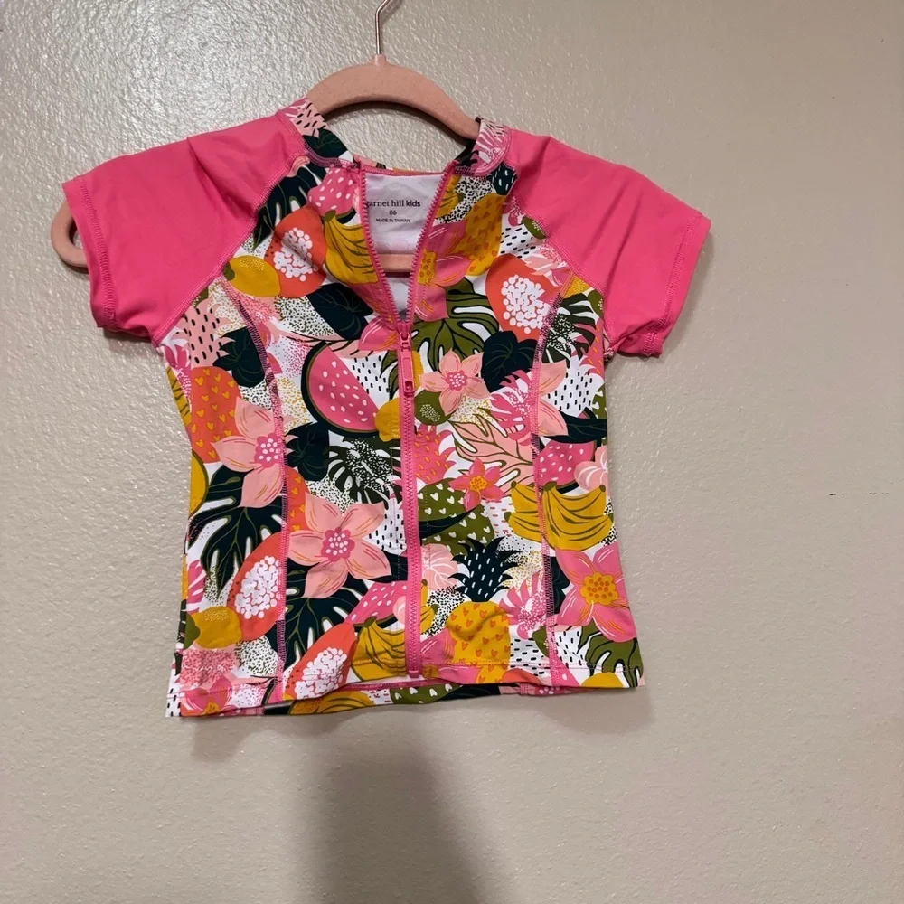 Garnet Hill Pink Tropical Zip-Front Rash Guard Tee